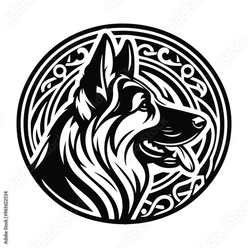 Wallpaper Mural German Shepherd dog with art nouveau decoration, stencil logo, black and white animal illustration Torontodigital.ca