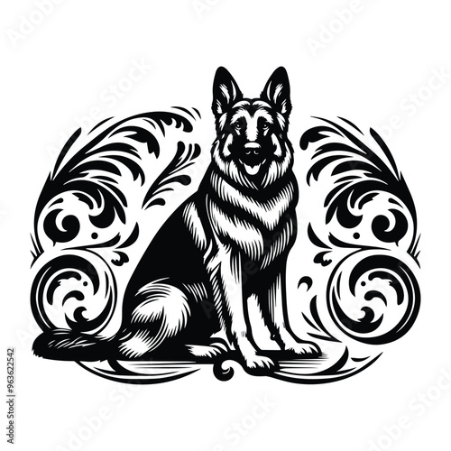Wallpaper Mural German Shepherd dog with victorian flourish decoration, stencil logo, black and white animal illustration Torontodigital.ca