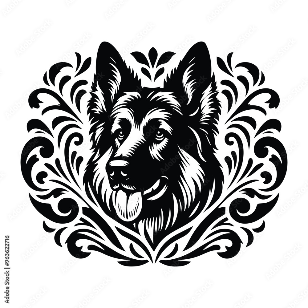 Fototapeta premium German Shepherd dog with victorian flourish decoration, stencil logo, black and white animal illustration