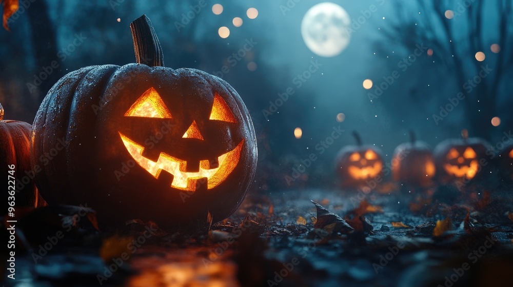 Jack Oa?? Lanterns Glowing At Moonlight In The Spooky Night - Halloween Scene Jack Oa?? Lanterns Glowing At Moonlight In The Spooky Night - Halloween Scene