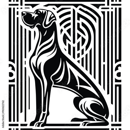 Great Dane dog with art deco decoration, stencil logo, black and white animal illustration