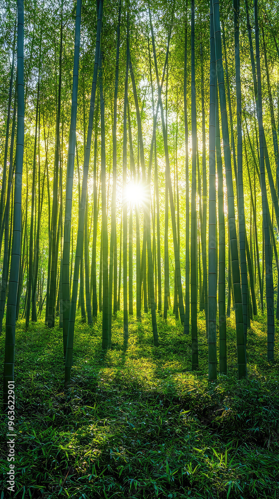Fototapeta premium Serene bamboo forest with sunlight filtering through the trees.