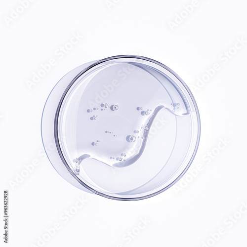 Hyaluron skin essence liquid sample on glass Petri dish. Transparent cosmetic gel product texture 3d rendering