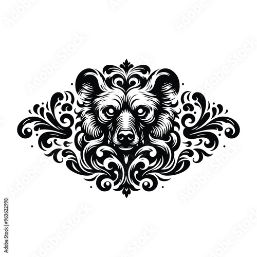 hyena with victorian flourish decoration, stencil logo, black and white animal illustration