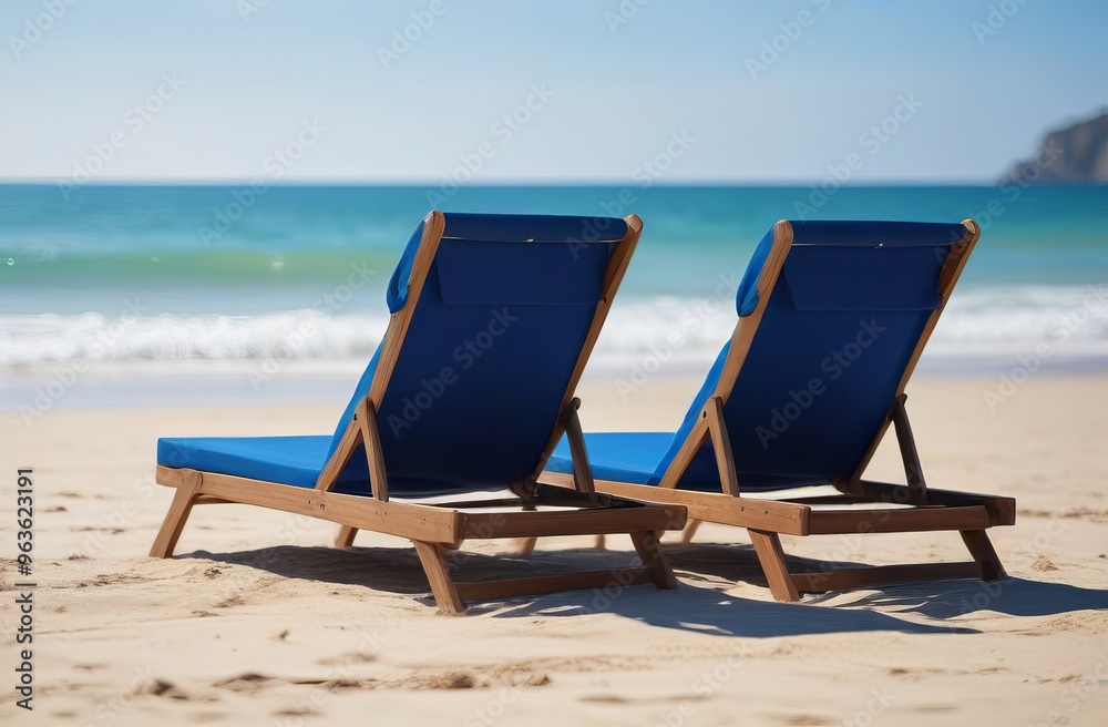 Tranquil beach scene with blue lounge chairs facing the ocean Tranquil beach scene with blue lounge chairs facing the ocean
