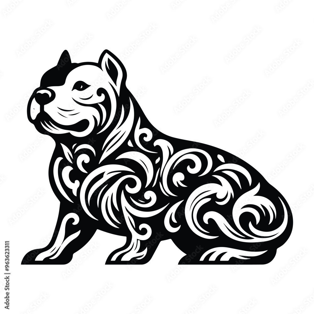 pitbull dog with victorian flourish decoration, stencil logo, black and white animal illustration pitbull dog with victorian flourish decoration, stencil logo, black and white animal illustration