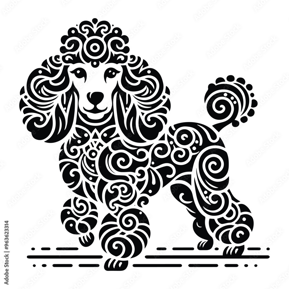 Fototapeta premium Poodle dog in zentangle art, stencil logo, black and white animal illustration