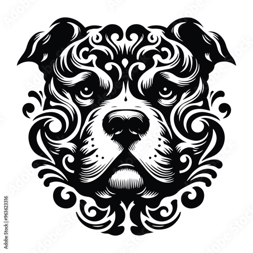 pitbull dog with victorian flourish decoration, stencil logo, black and white animal illustration