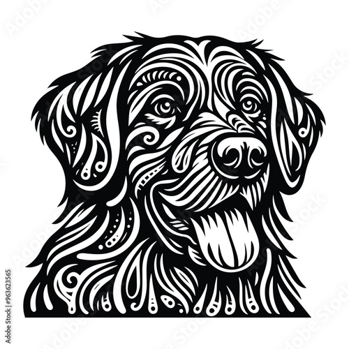 Retriever dog in zentangle art, stencil logo, black and white animal illustration