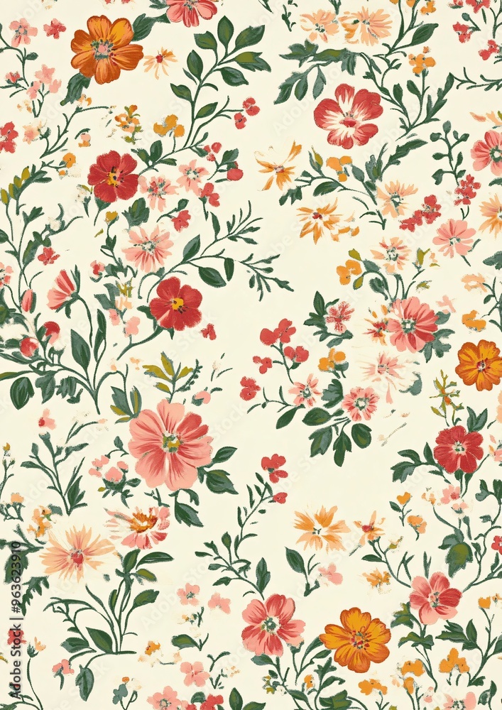 Floral Pattern with Red Orange and Pink Flowers on White Background Floral Pattern with Red Orange and Pink Flowers on White Background