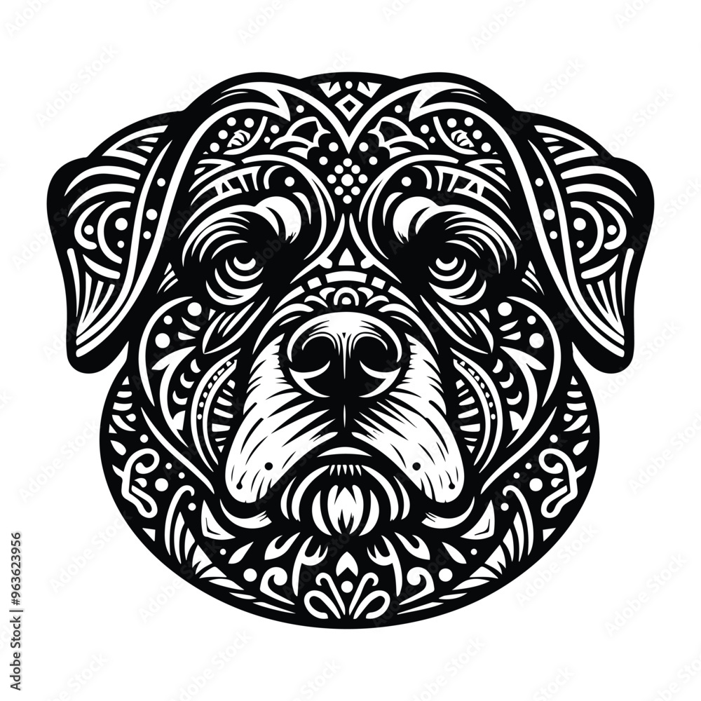 Rottweiler dog in zentangle art, stencil logo, black and white animal illustration Rottweiler dog in zentangle art, stencil logo, black and white animal illustration