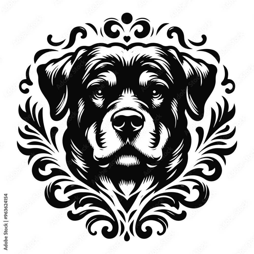 Rottweiler dog with victorian flourish decoration, stencil logo, black and white animal illustration Rottweiler dog with victorian flourish decoration, stencil logo, black and white animal illustration