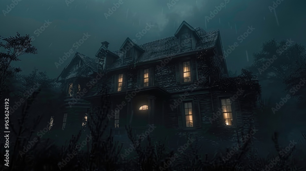 Spooky haunted house with glowing windows, Spooky haunted house with glowing windows,