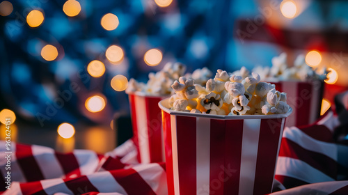 A family enjoys a classic Fourth of July movie marathon, cuddled up with blankets.