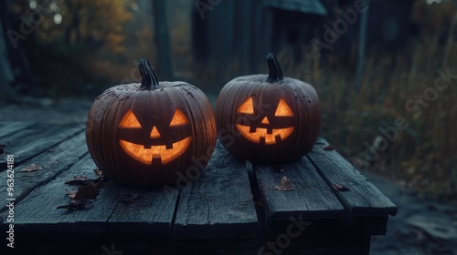 Spooky halloween pumpkins on wooden planks