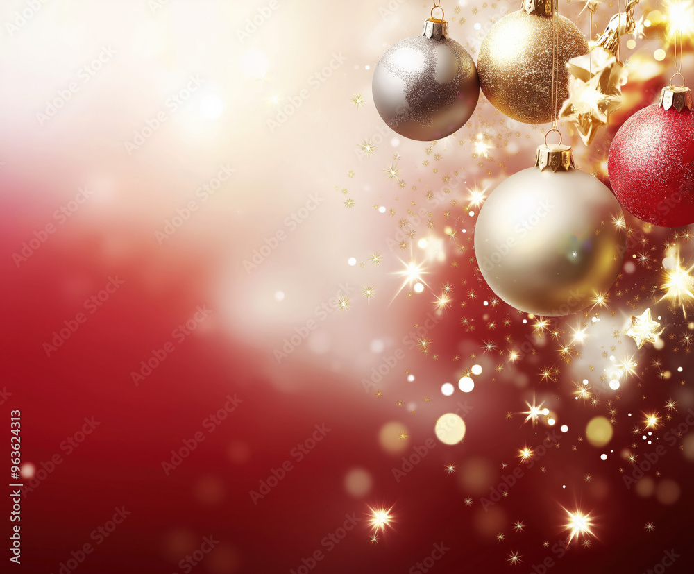 New year, Christmas background with gold and silver stars and Christmas baubles and sparkling. Christmas Golden light shine particles bokeh on light red and blue background. New year, Christmas background with gold and silver stars and Christmas baubles and sparkling. Christmas Golden light shine particles bokeh on light red and blue background.