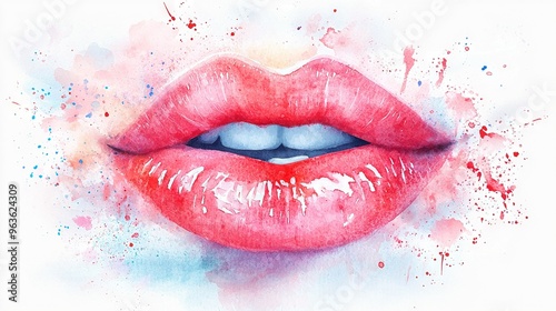  Watercolor depiction of woman's lips with splattered red and blue paint