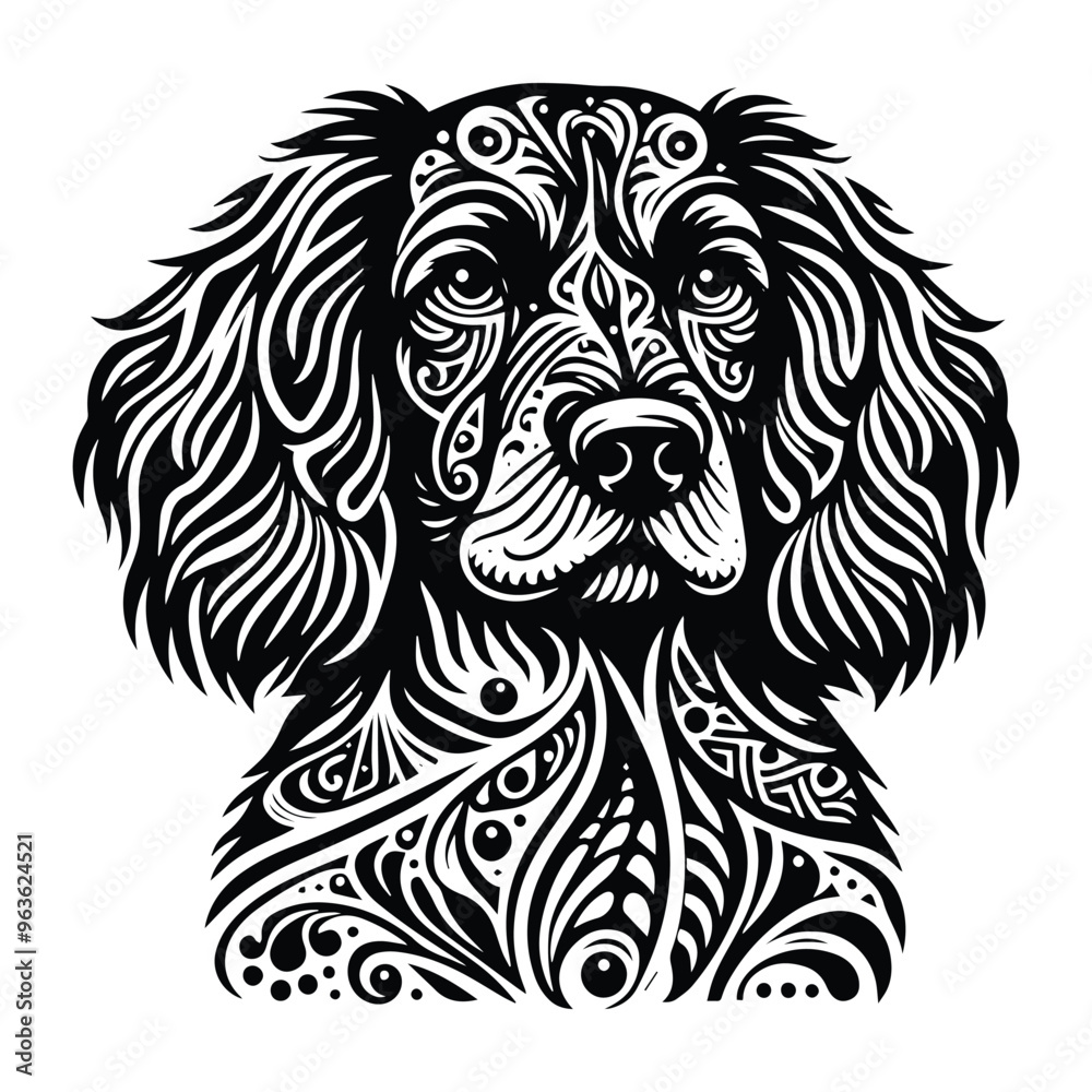 Fototapeta premium Spaniel dog in zentangle art, stencil logo, black and white animal illustration