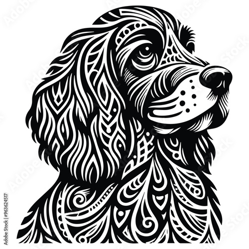 Spaniel dog in zentangle art, stencil logo, black and white animal illustration