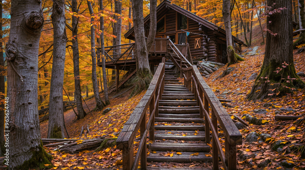 Wooden stairs with autumn leaves leading to a rustic cottage. Wooden stairs with autumn leaves leading to a rustic cottage.