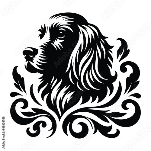 Wallpaper Mural Spaniel dog with victorian flourish decoration, stencil logo, black and white animal illustration Torontodigital.ca