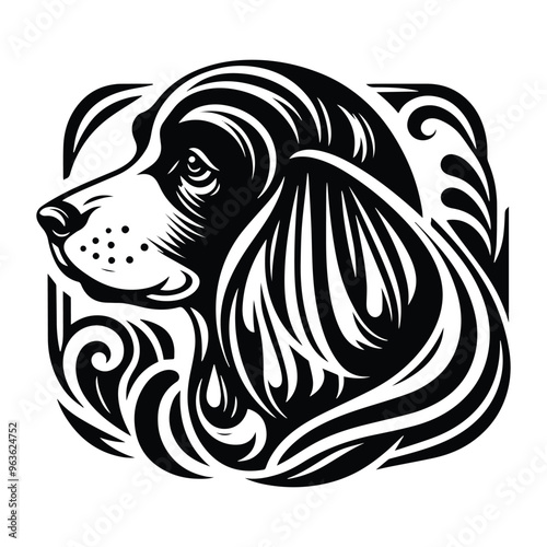 Wallpaper Mural Spaniel dog with art nouveau decoration, stencil logo, black and white animal illustration Torontodigital.ca