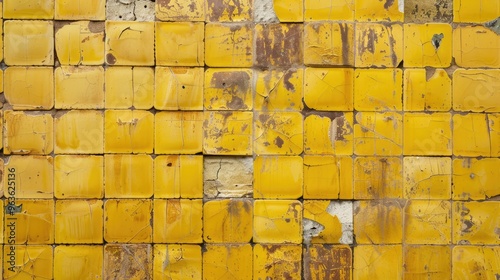 Wall covered with yellow decorative tiles unevenly and haphazardly clad photo