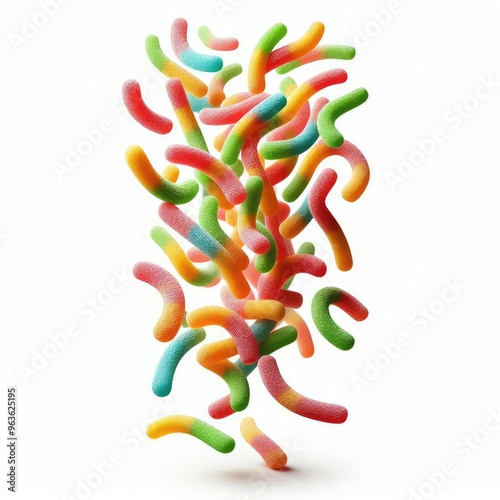 Colorful falling sour gummy worms isolated on white background