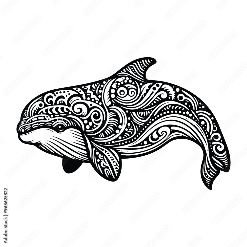 Fototapeta premium Beluga in zentangle art, stencil logo, black and white animal illustration