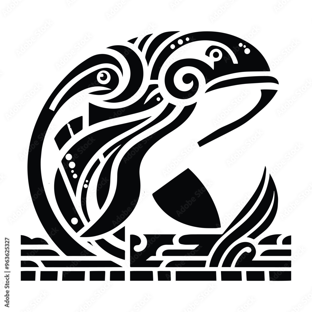 Fototapeta premium Beluga with art deco decoration, stencil logo, black and white animal illustration ,