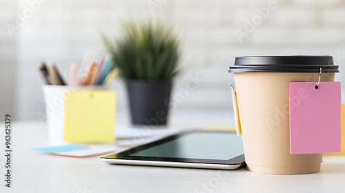 Close-up of a desk with a digital tablet, coffee cup, and sticky notes, multitasking, creative setup