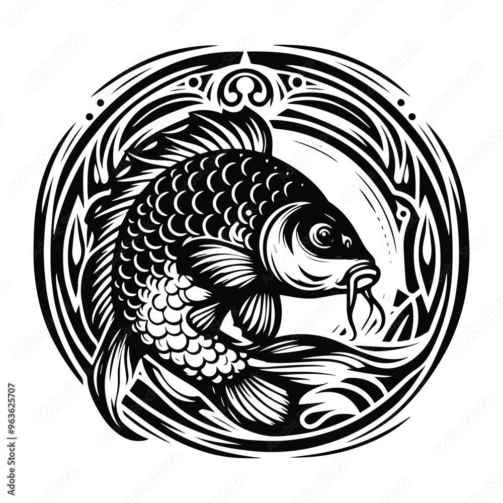 carp fish with art nouveau decoration, stencil logo, black and white animal illustration