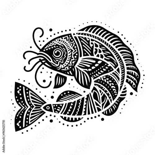 Catfish in zentangle art, stencil logo, black and white animal illustration