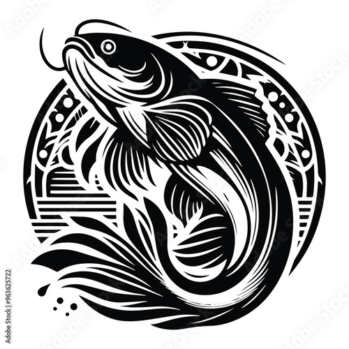 Wallpaper Mural Catfish with art nouveau decoration, stencil logo, black and white animal illustration Torontodigital.ca