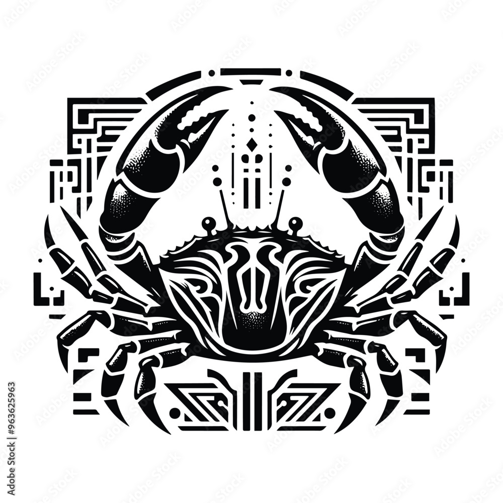 crab with art deco decoration, stencil logo, black and white animal illustration crab with art deco decoration, stencil logo, black and white animal illustration