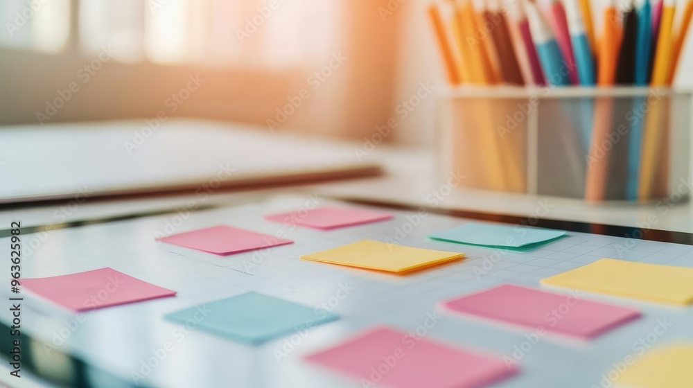 Close-up of a digital tablet with sticky notes and a planner, multitasking, organized workflow Close-up of a digital tablet with sticky notes and a planner, multitasking, organized workflow