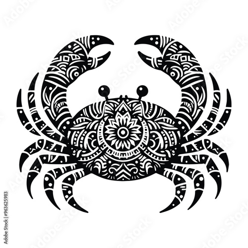 crab in zentangle art, stencil logo, black and white animal illustration