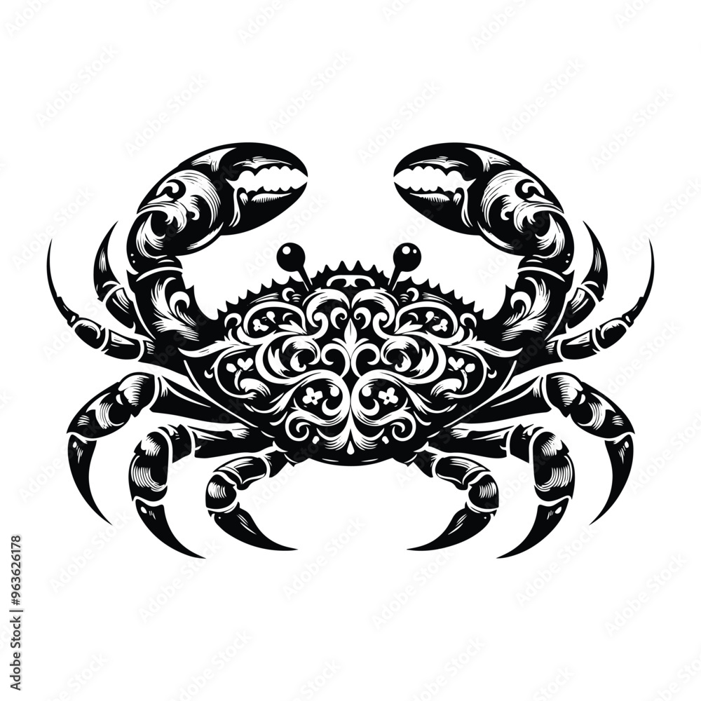 Fototapeta premium crab with victorian flourish decoration, stencil logo, black and white animal illustration
