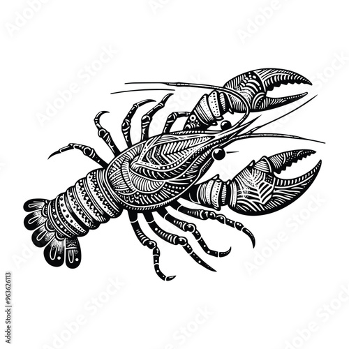 Crayfish in zentangle art, stencil logo, black and white animal illustration