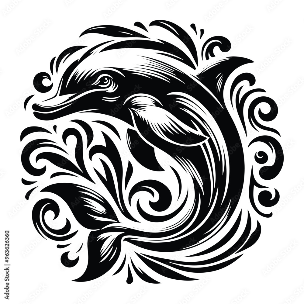 Fototapeta premium Dolphin fish with victorian flourish decoration, stencil logo, black and white animal illustration
