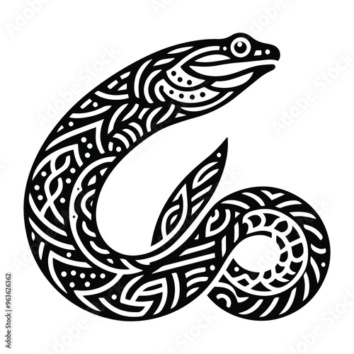 Eel in zentangle art, stencil logo, black and white animal illustration