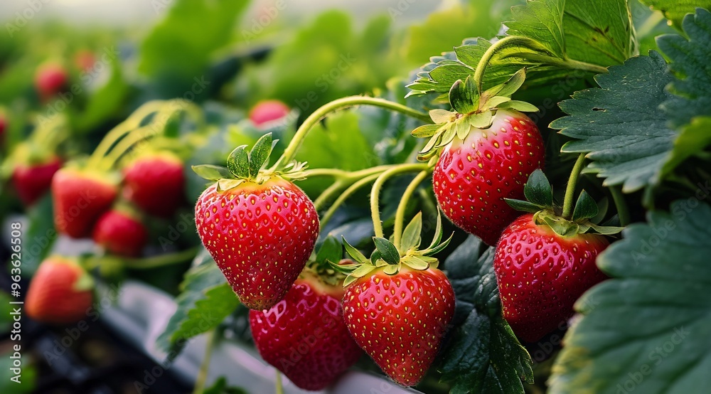 Fresh Ripe Red Strawberries Growing on Vine