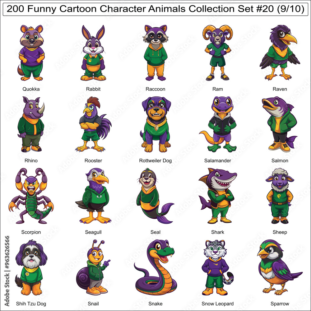 Naklejka premium Funny Cartoon Character Animals Collection Set of 200 Isolated Animals Part 9