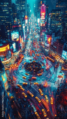 A busy city intersection at night, with the dynamic movement of vehicles, creates a fascinating pattern of light paths