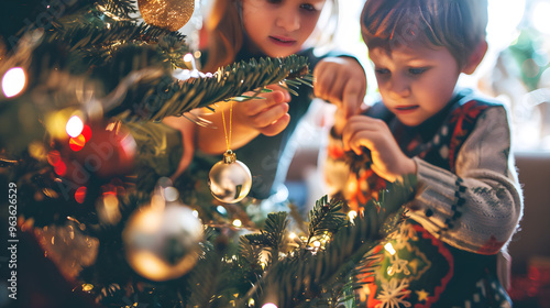 A family gathers joyfully to decorate a Christmas tree with festive ornaments and twinkling lights.