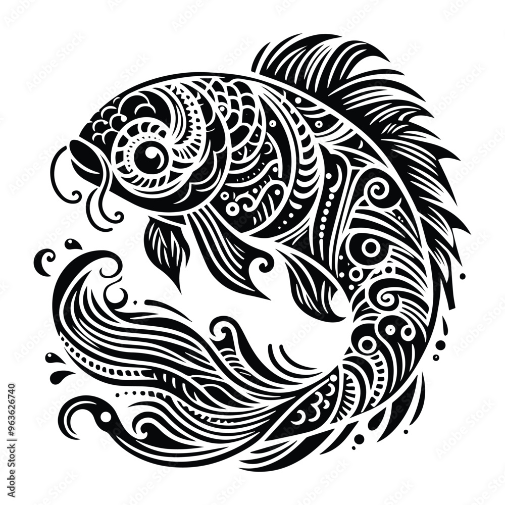 koi fish in zentangle art, stencil logo, black and white animal illustration koi fish in zentangle art, stencil logo, black and white animal illustration