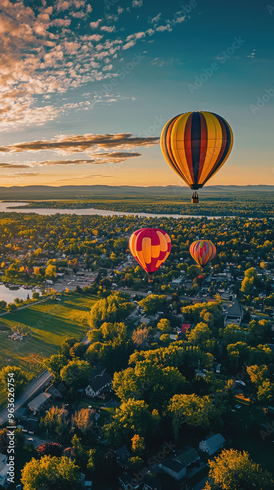 Obraz premium Colorful hot air balloons soar over a picturesque town at sunset.