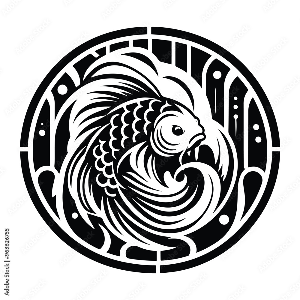 koi fish with art deco decoration, stencil logo, black and white animal illustration