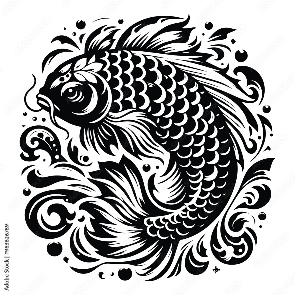 Fototapeta premium koi fish with victorian flourish decoration, stencil logo, black and white animal illustration