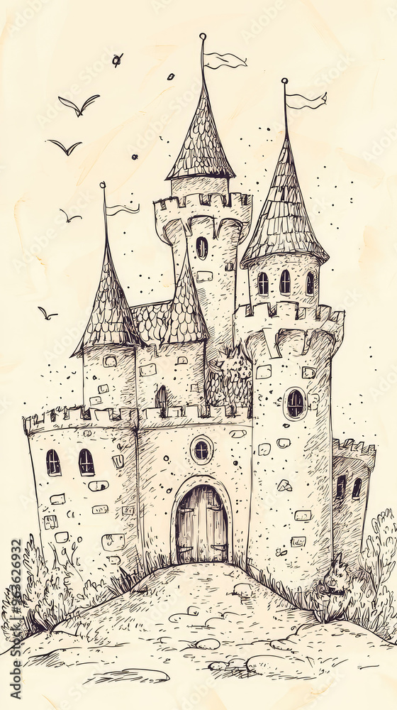 Hand-drawn doodle style castle with copy space.
